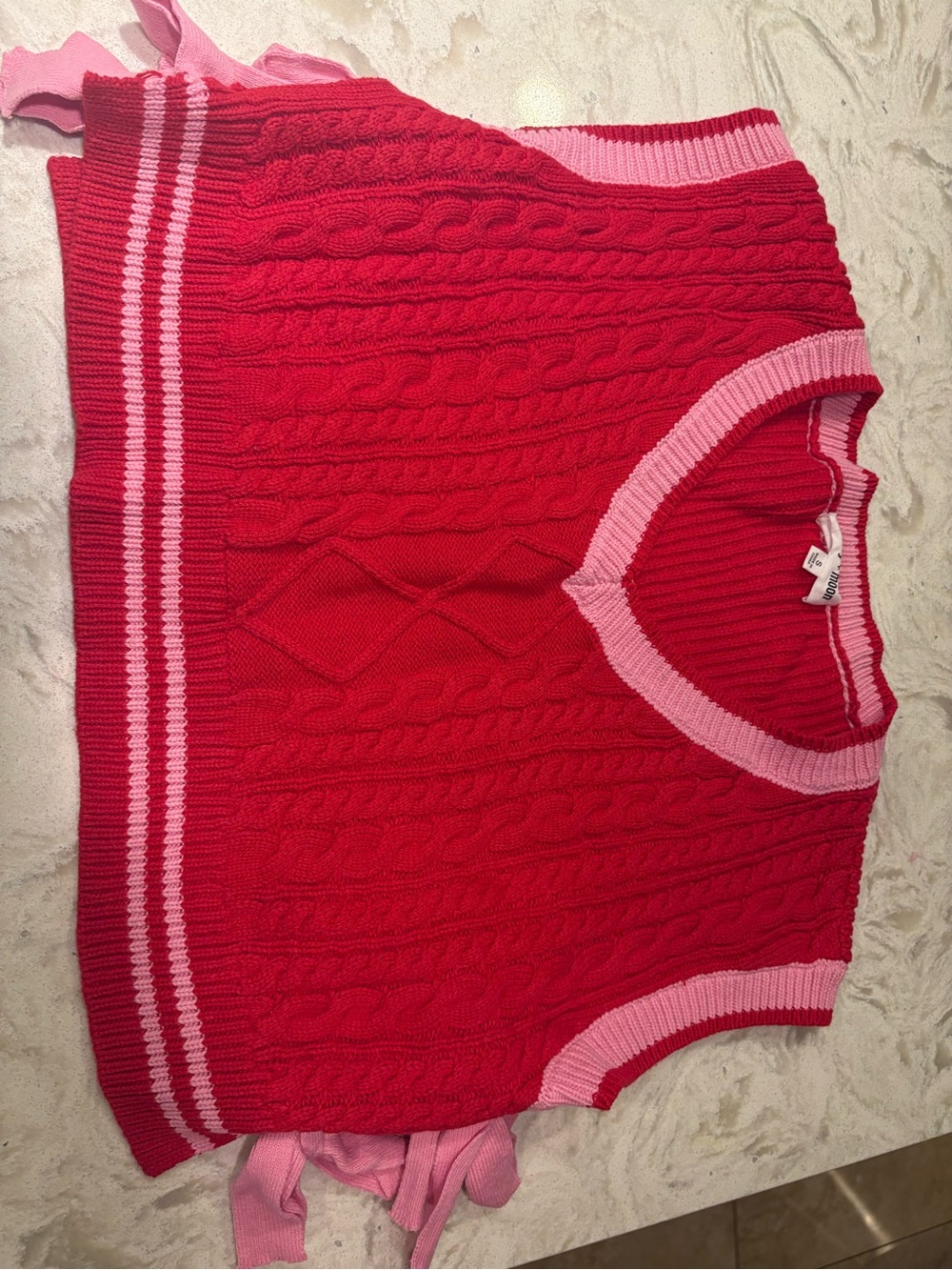 Red Cable-Knit Sleeveless Sweater Vest with Pink Trim